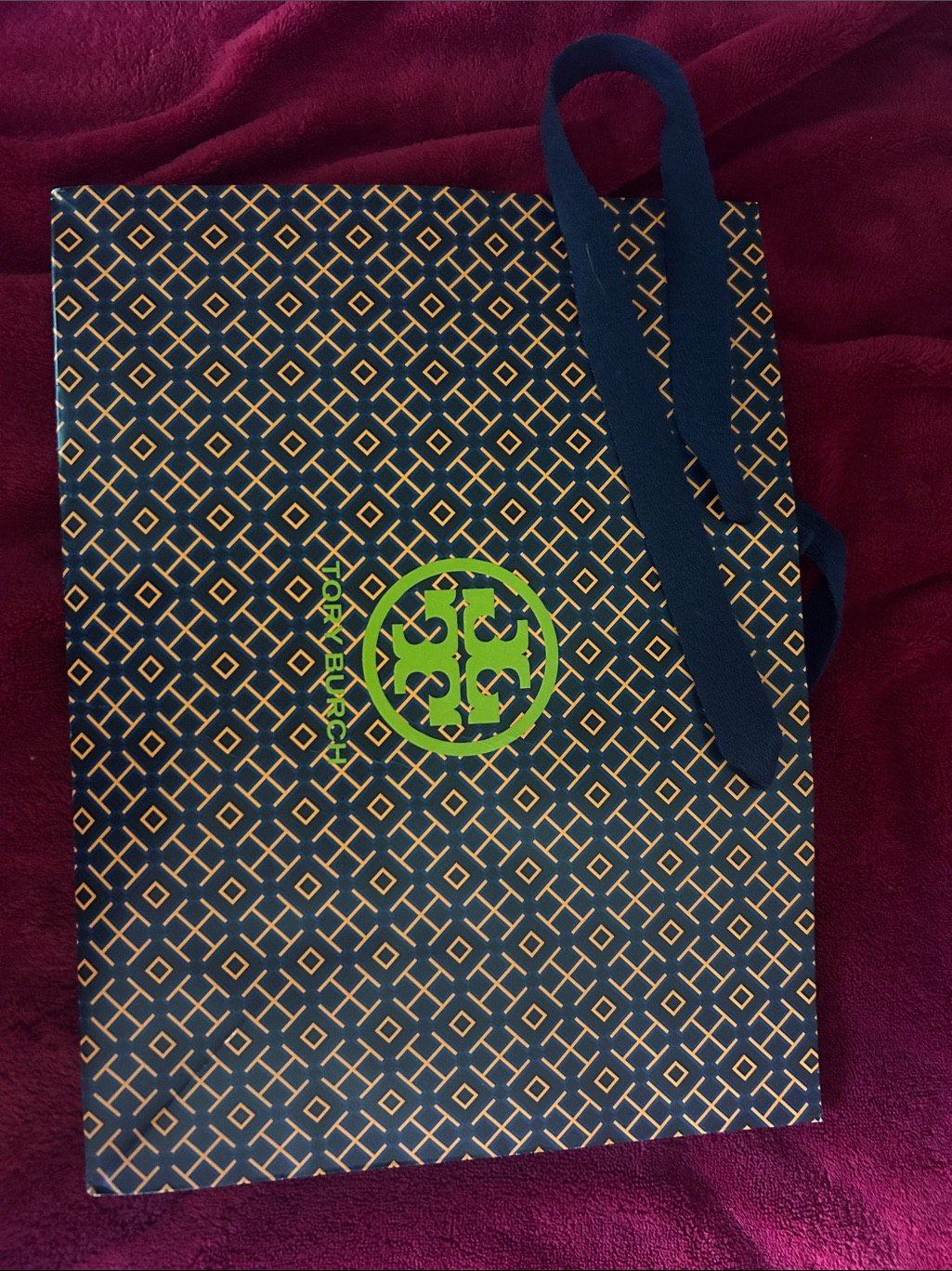 Tory Burch Navy Gift Bag With Gold Pattern And Green Logo 9x12 Inches